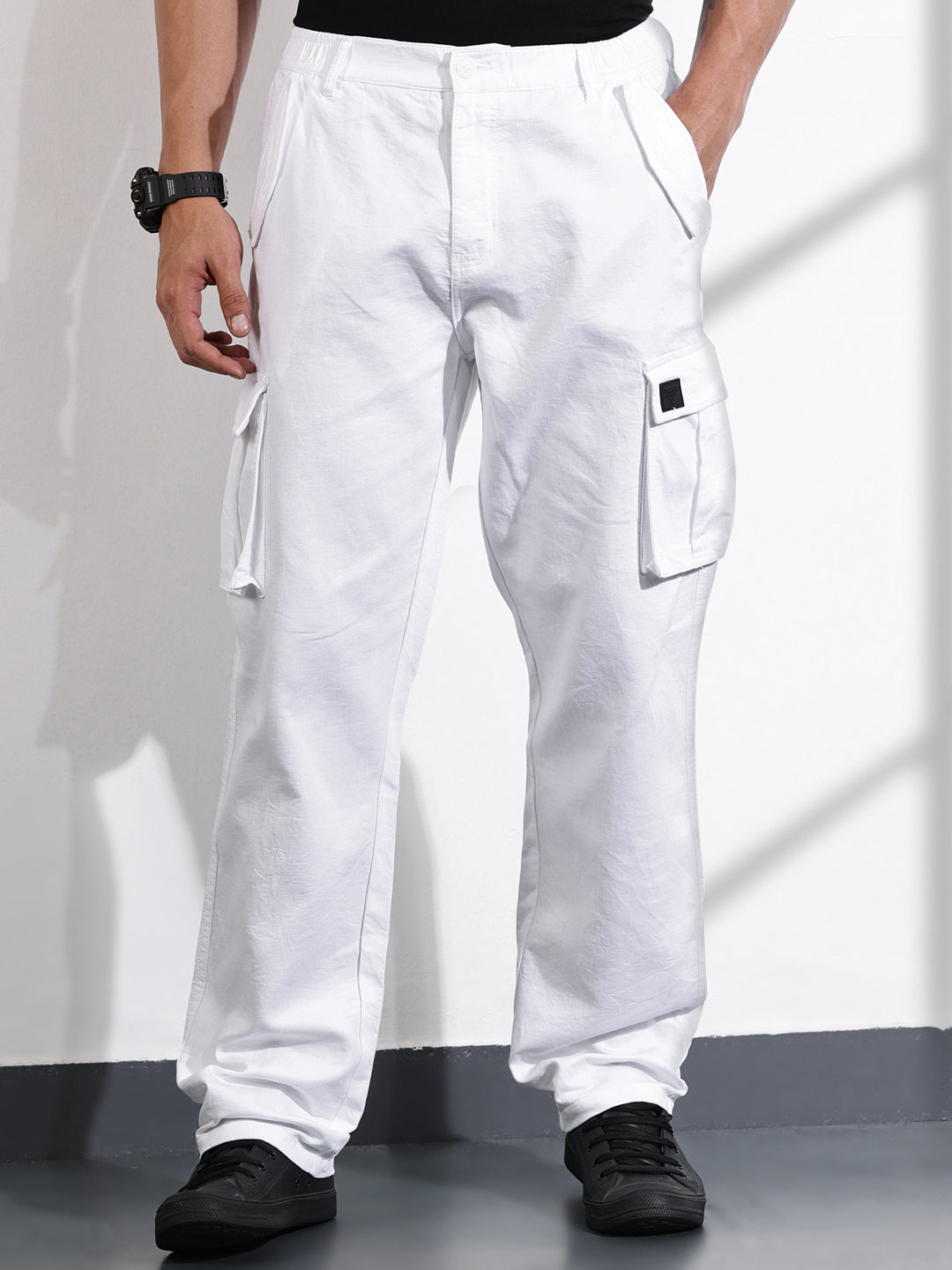 Thomas Scott Men White Relaxed Fit Woven Cargo Trousers