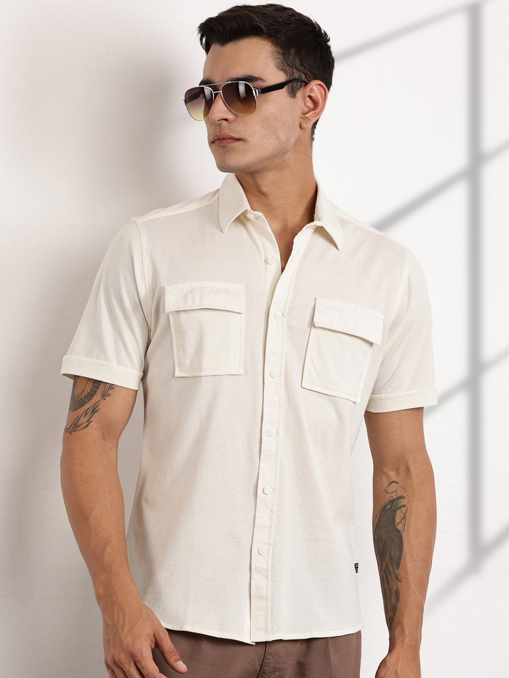 Thomas Scott Men Off White Slim Fit Short Sleeves Solid Knit Shirt
