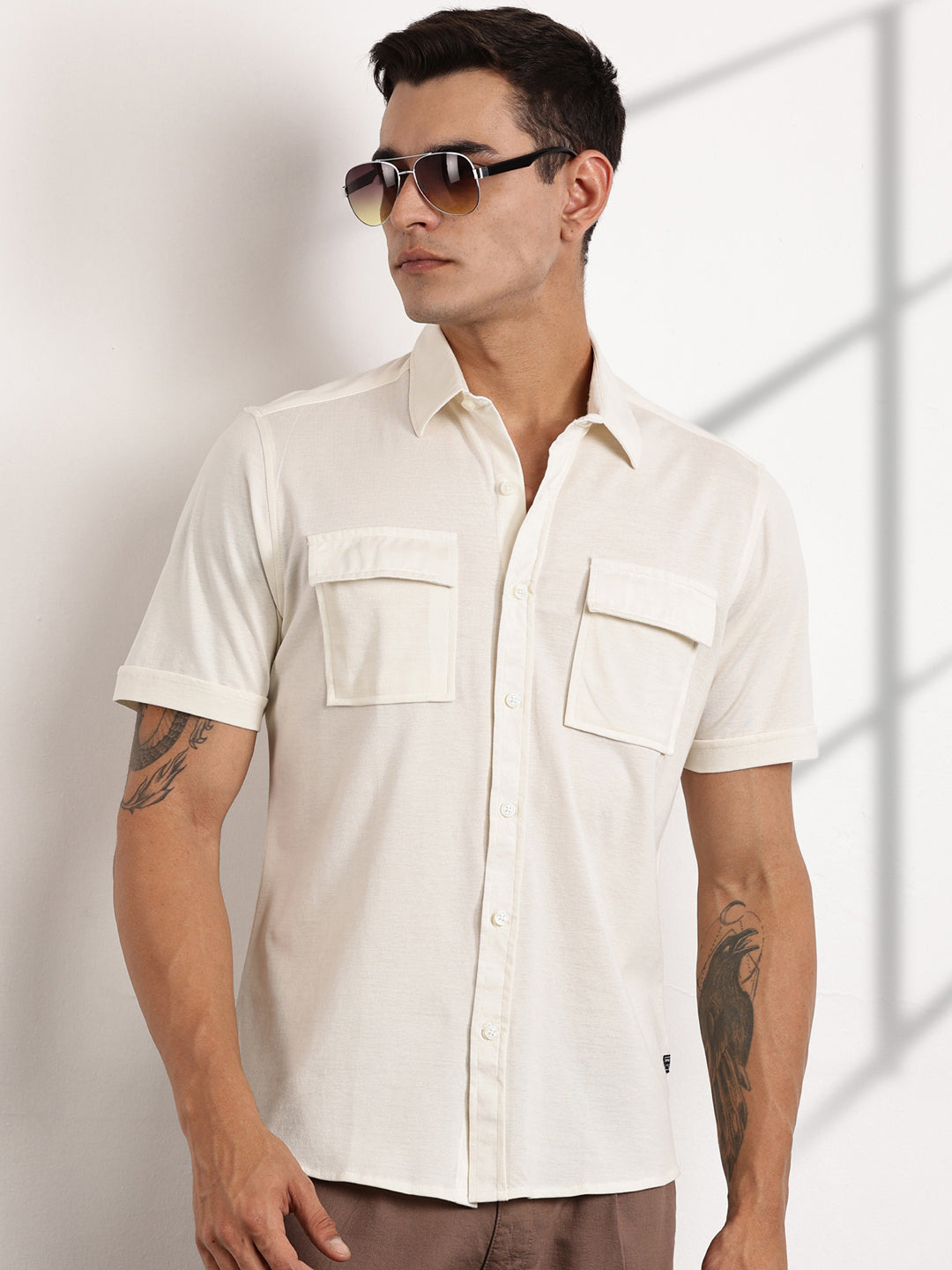 Thomas Scott Men Off White Slim Fit Short Sleeves Solid Knit Shirt
