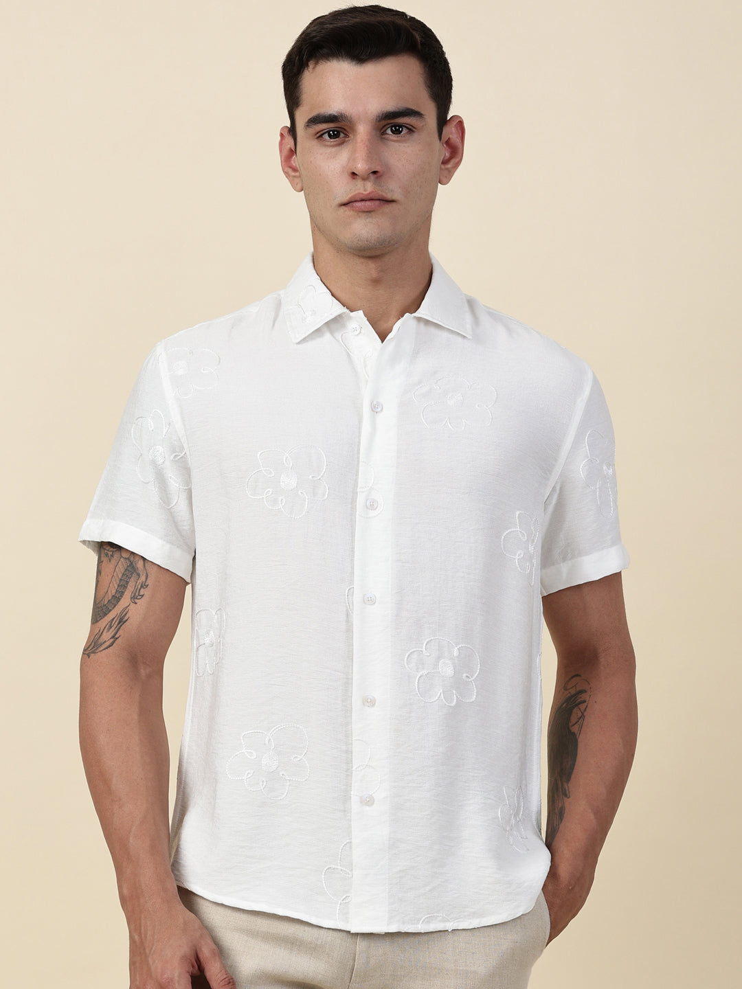 Thomas Scott Men White Regular Fit Short Sleeves Cuban Collar Embroidered Shirt