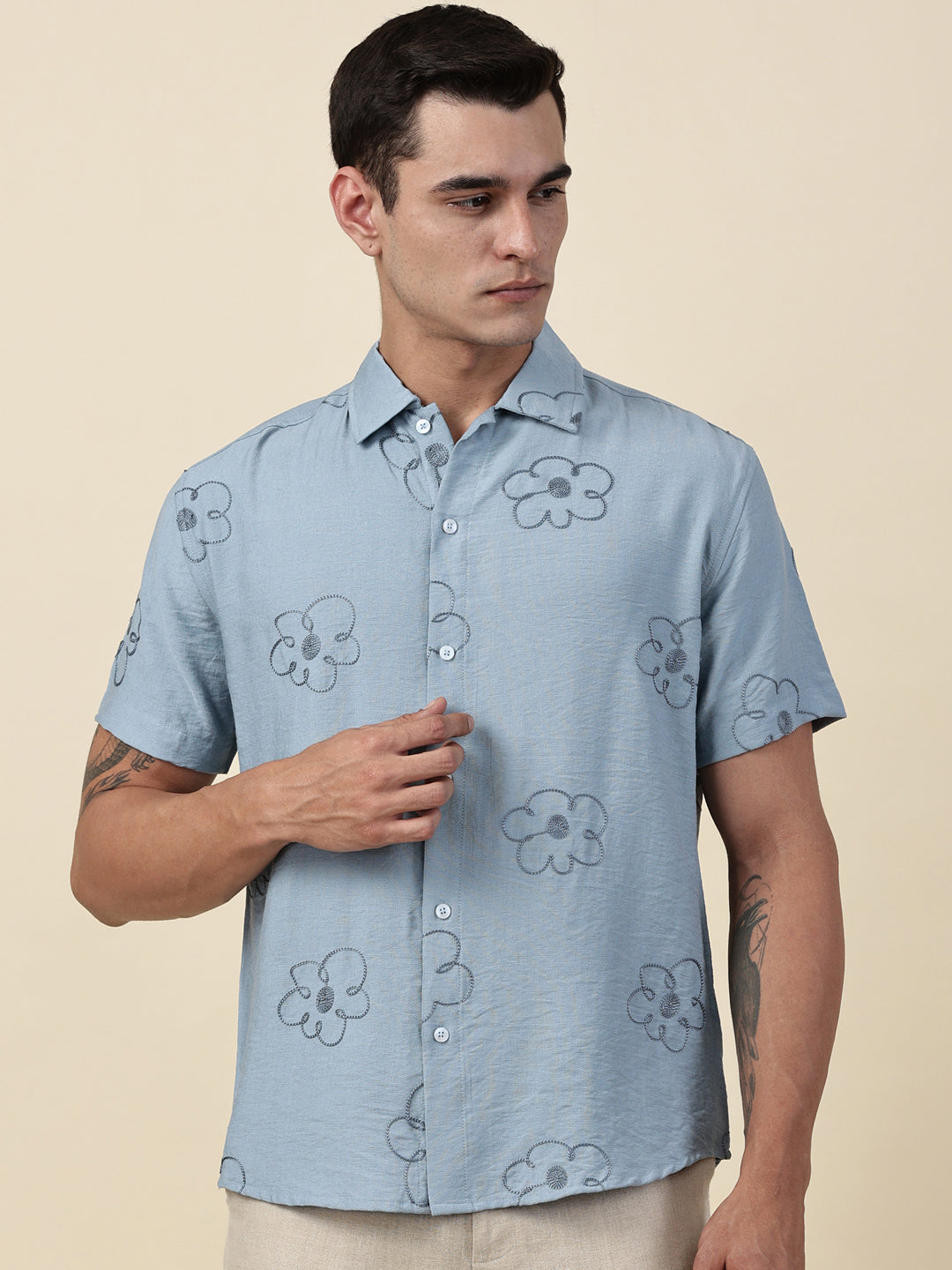 Thomas Scott Men Blue Regular Fit Short Sleeves Cuban Collar Embroidered Shirt