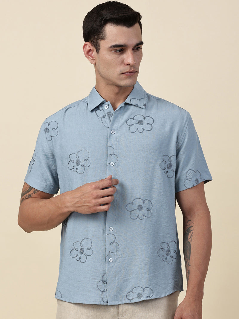 Thomas Scott Men Blue Regular Fit Short Sleeves Cuban Collar Embroidered Shirt