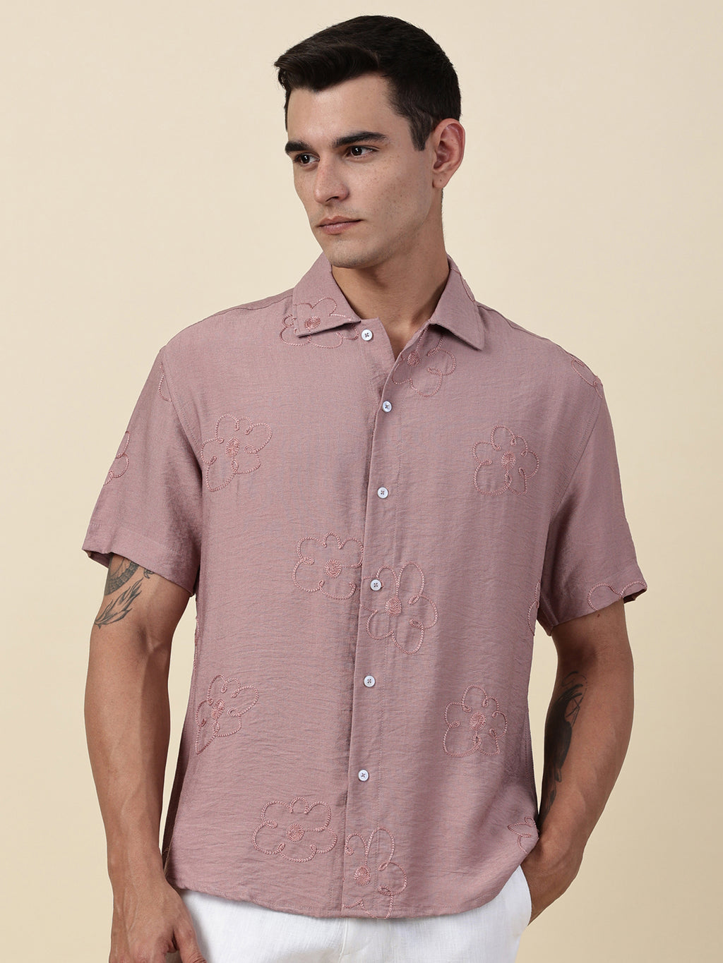 Thomas Scott Men Pink Regular Fit Short Sleeves Cuban Collar Embroidered Shirt