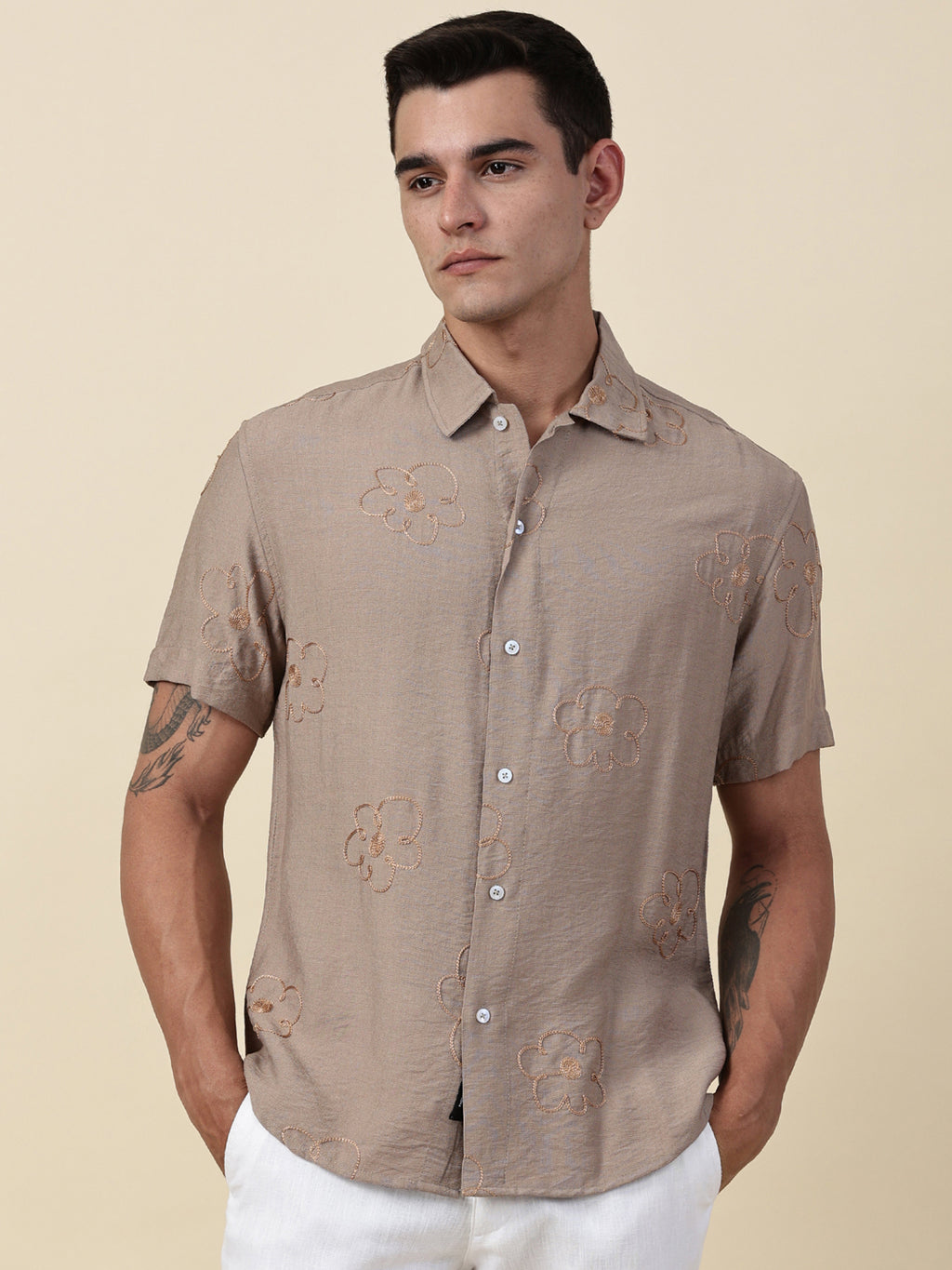 Thomas Scott Men Beige Regular Fit Short Sleeves Cuban Collar Embroidered Shirt