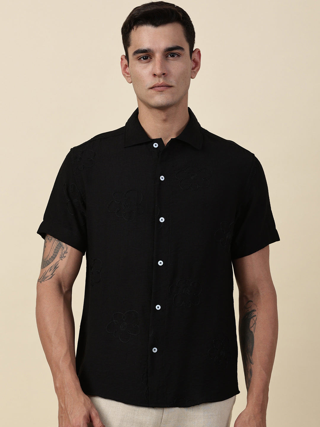 Thomas Scott Men Black Regular Fit Short Sleeves Cuban Collar Embroidered Shirt