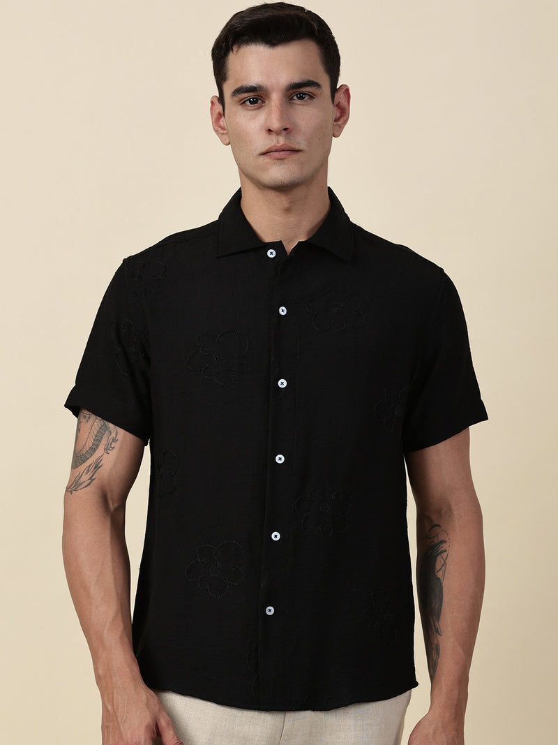 Thomas Scott Men Black Regular Fit Short Sleeves Cuban Collar Embroidered Shirt