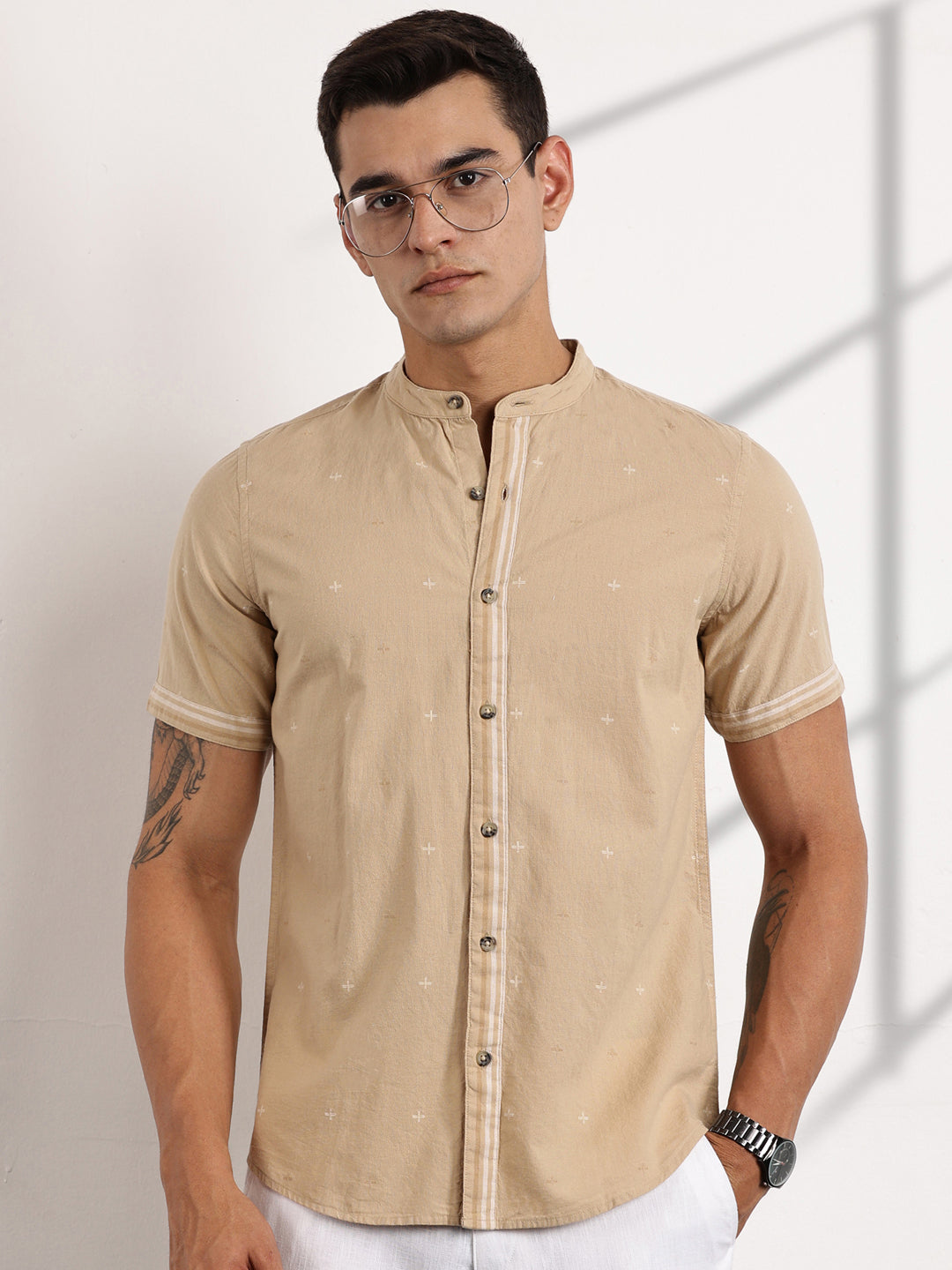 Thomas Scott Men Beige Slim Fit Short Sleeve Mandarin Collar Cotton Casual Shirt