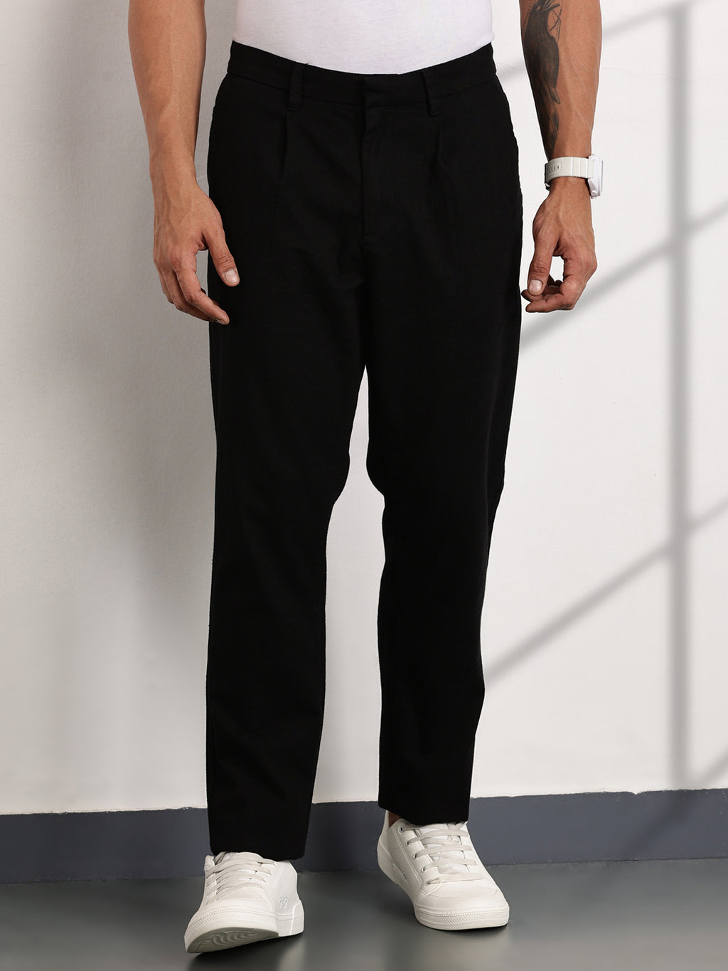 Thomas Scott Men Black Mid-Rise Regular Fit Woven Trousers
