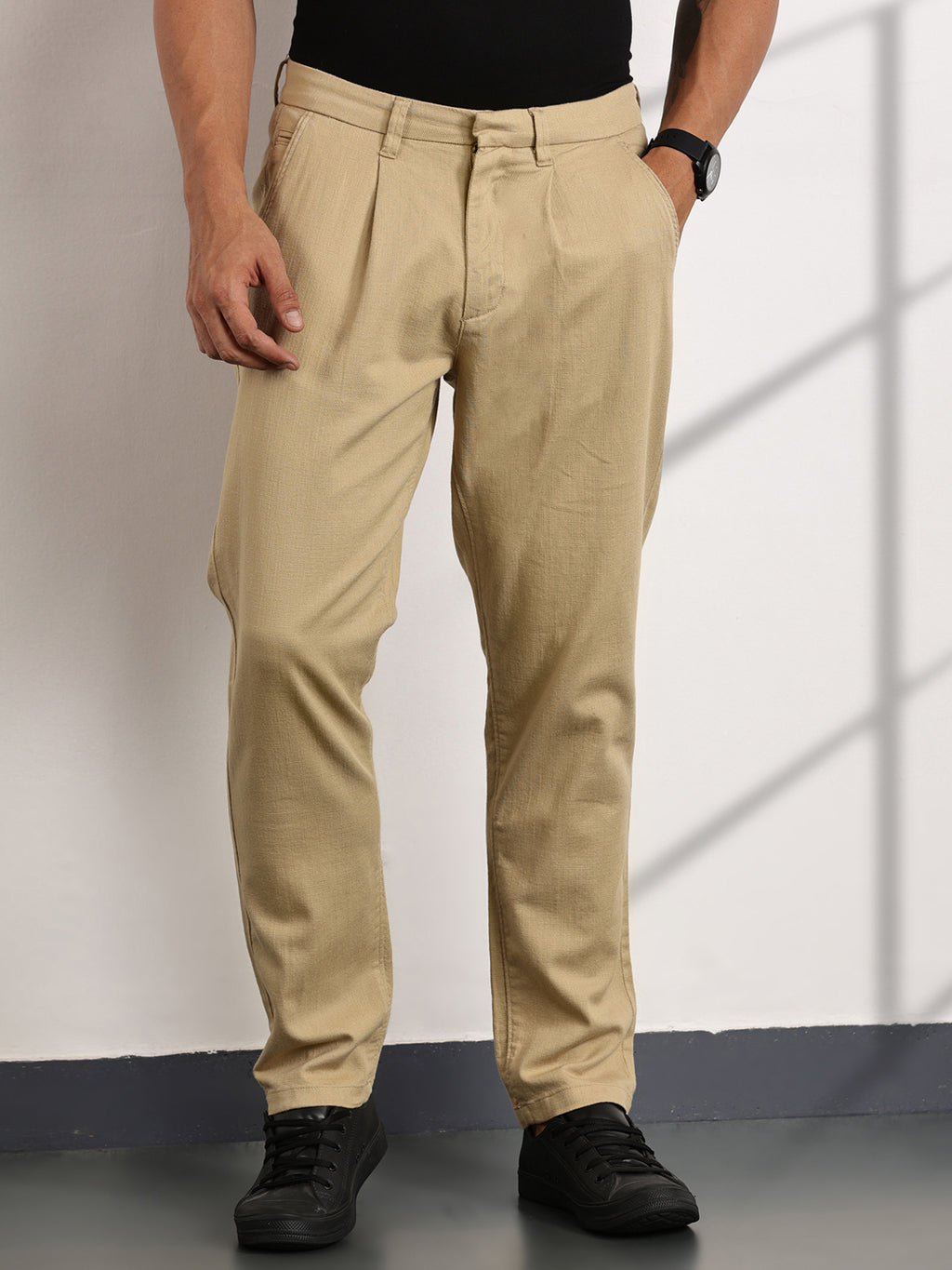 Thomas Scott Men Fawn Mid-Rise Regular Fit Woven Trousers