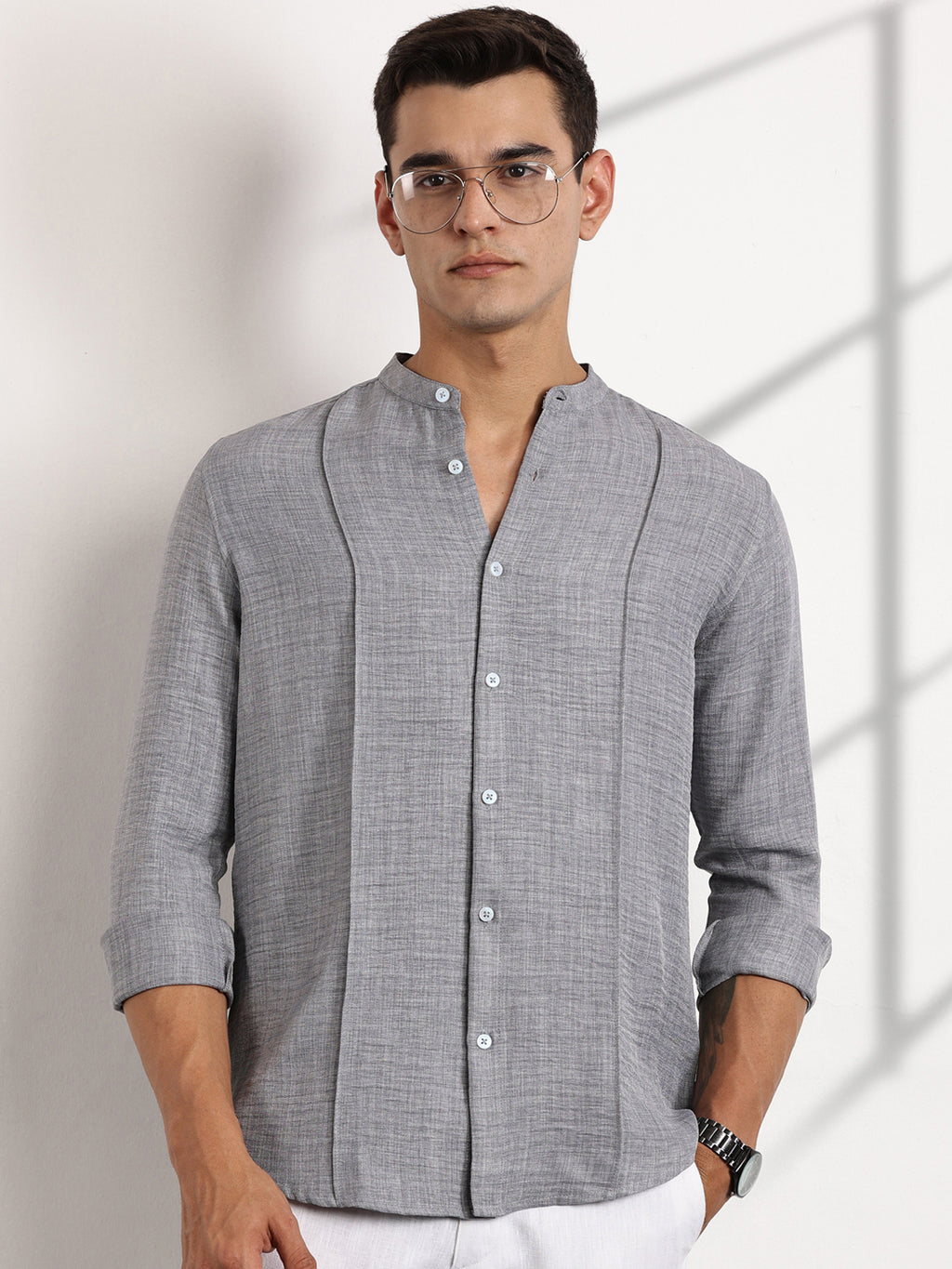 Thomas Scott Men Grey Slim Fit Mandarin Collar Long Sleeves Casual Shirt