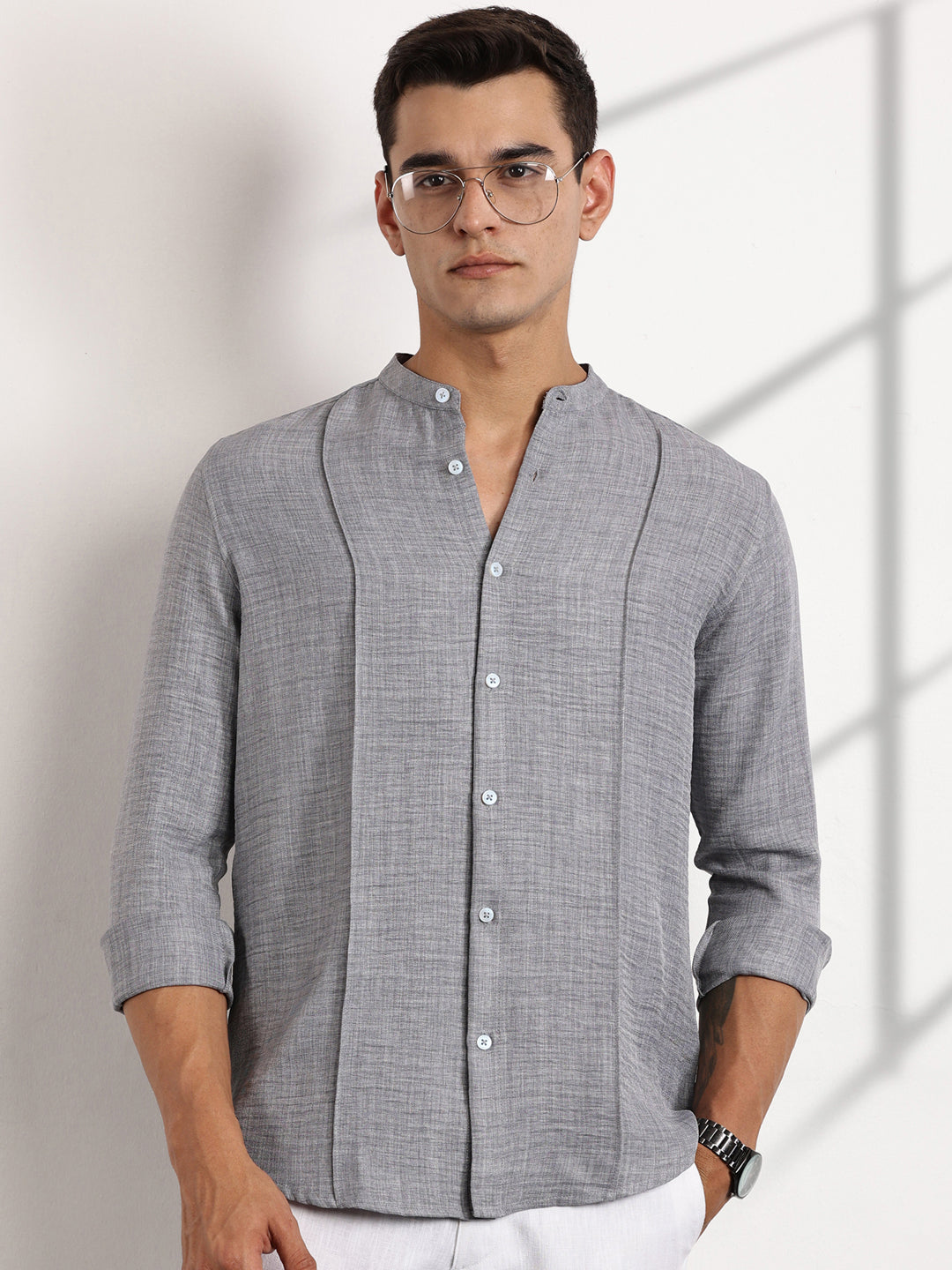 Thomas Scott Men Grey Slim Fit Mandarin Collar Long Sleeves Casual Shirt