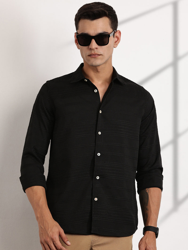 Thomas Scott Men Black Slim Fit Cutaway Collar Long Sleeves Self Design Casual Shirt