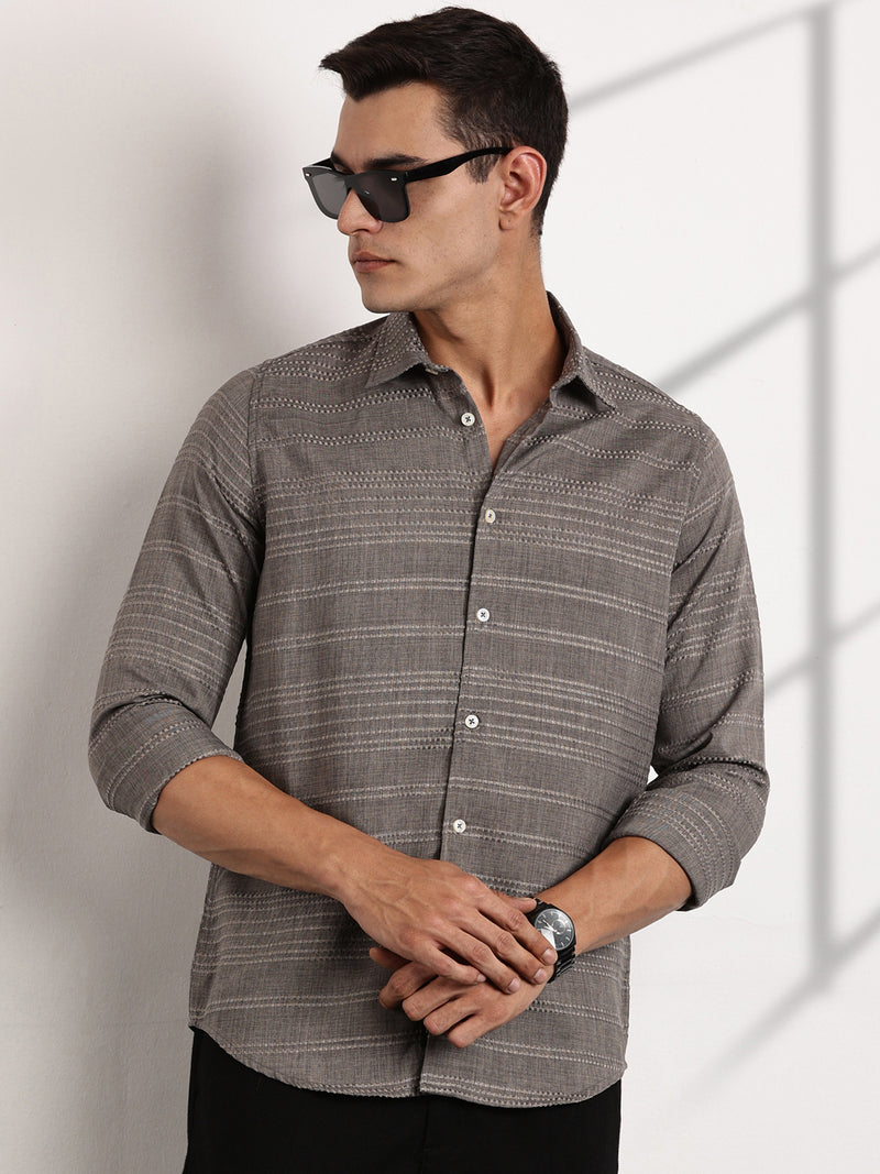 Thomas Scott Men Grey Slim Fit Cutaway Collar Long Sleeves Self Design Casual Shirt