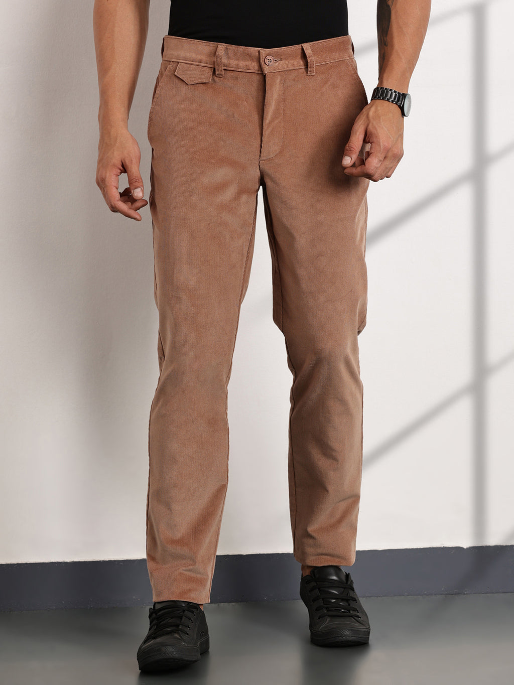 Thomas Scott Men Rust Mid-Rise Slim Fit Corduroy Chinos Trousers