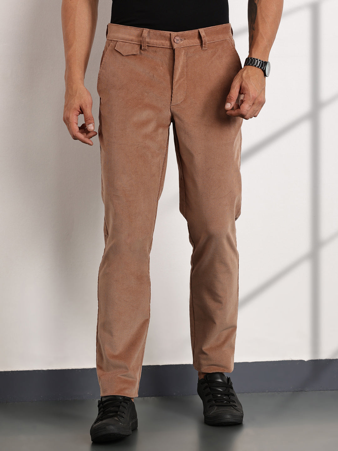 Thomas Scott Men Rust Mid-Rise Slim Fit Corduroy Chinos Trousers