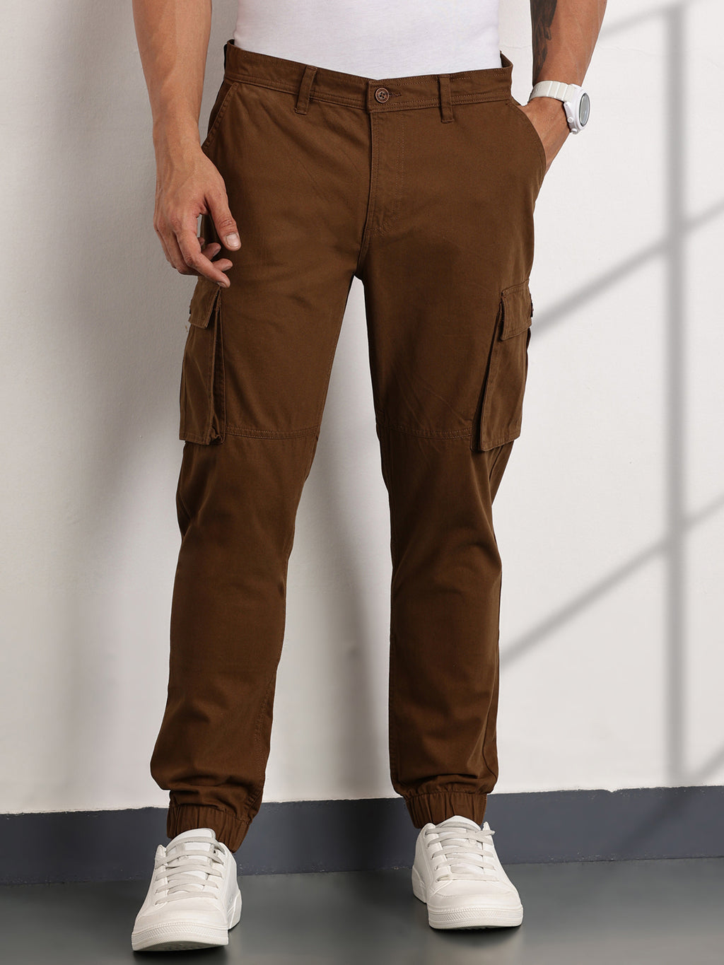 Thomas Scott Men Brown Mid-Rise Slim Fit Woven Cargo Trousers