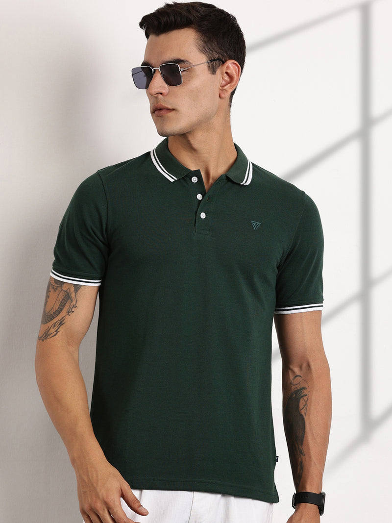 Thomas Scott Men BottleGreen Regular Fit Short Sleeves Polo Collar Knit Tshirt