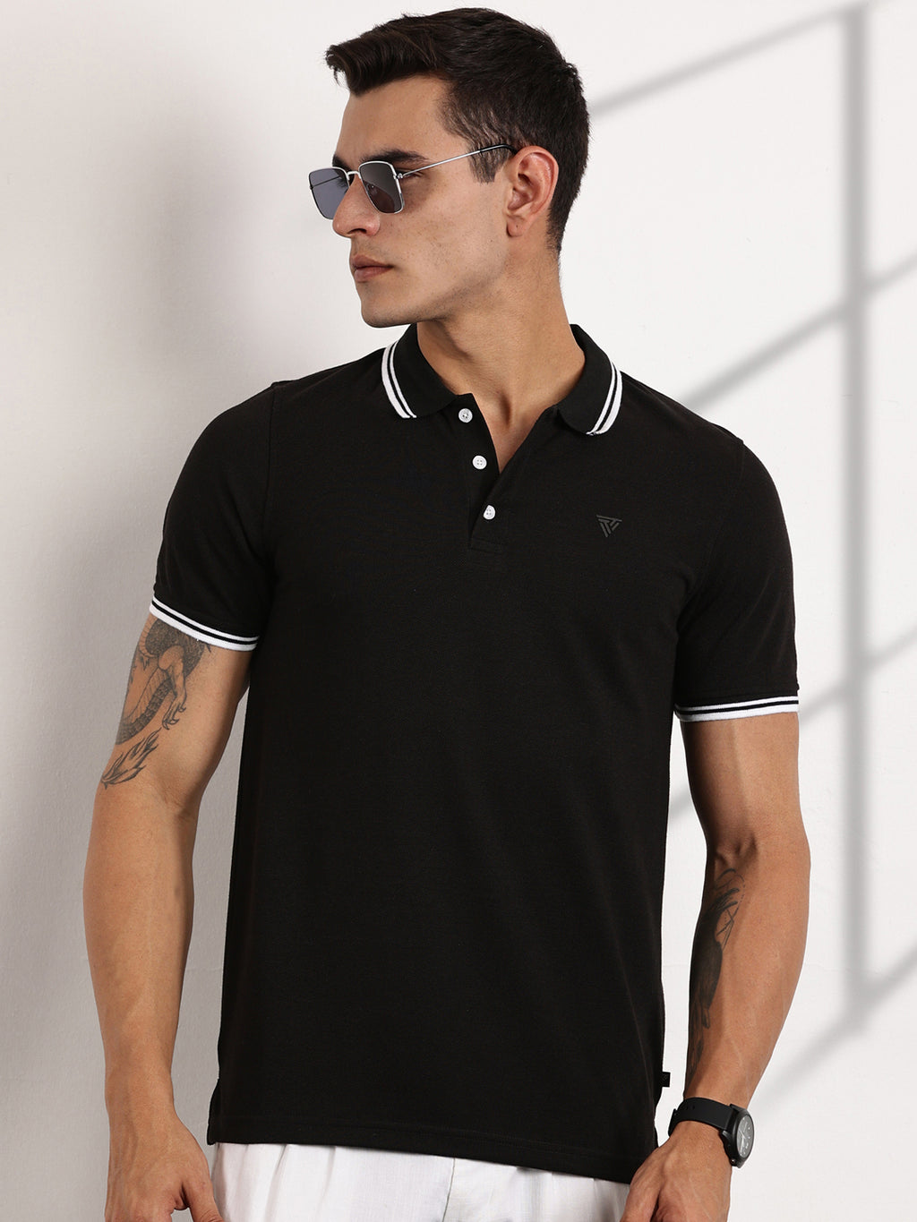 Thomas Scott Men Black Regular Fit Short Sleeves Polo Collar Knit Tshirt