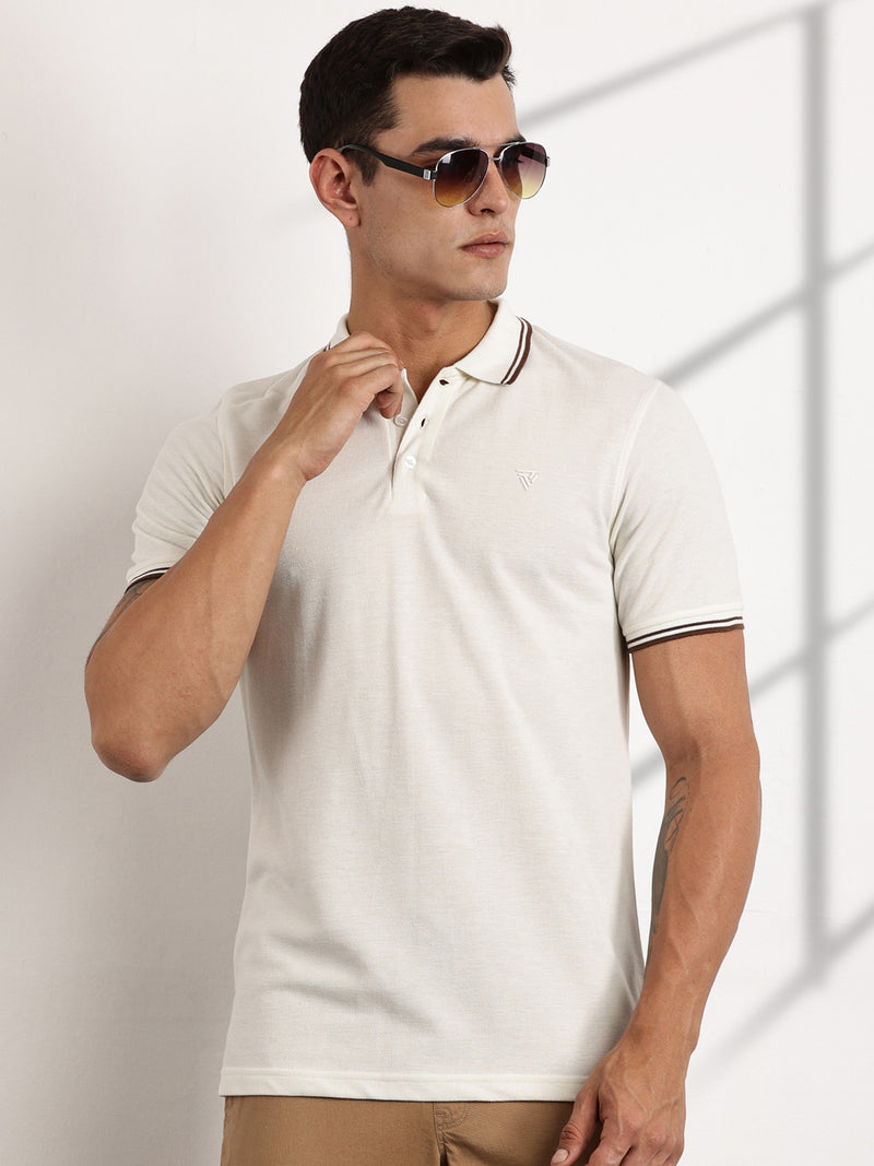 Thomas Scott Men Cream Regular Fit Short Sleeves Polo Collar Knit Tshirt