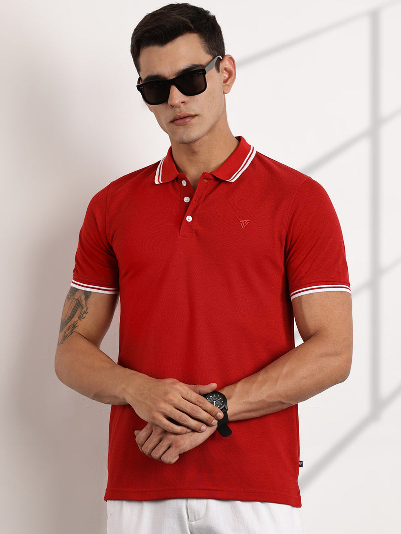 Thomas Scott Men Red Regular Fit Short Sleeves Polo Collar Knit Tshirt