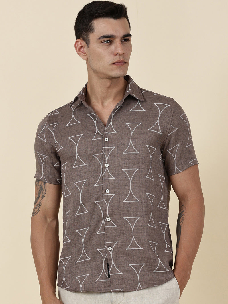 Thomas Scott Men Brown Slim Fit Short Sleeves Geometric Print Casual Shirt