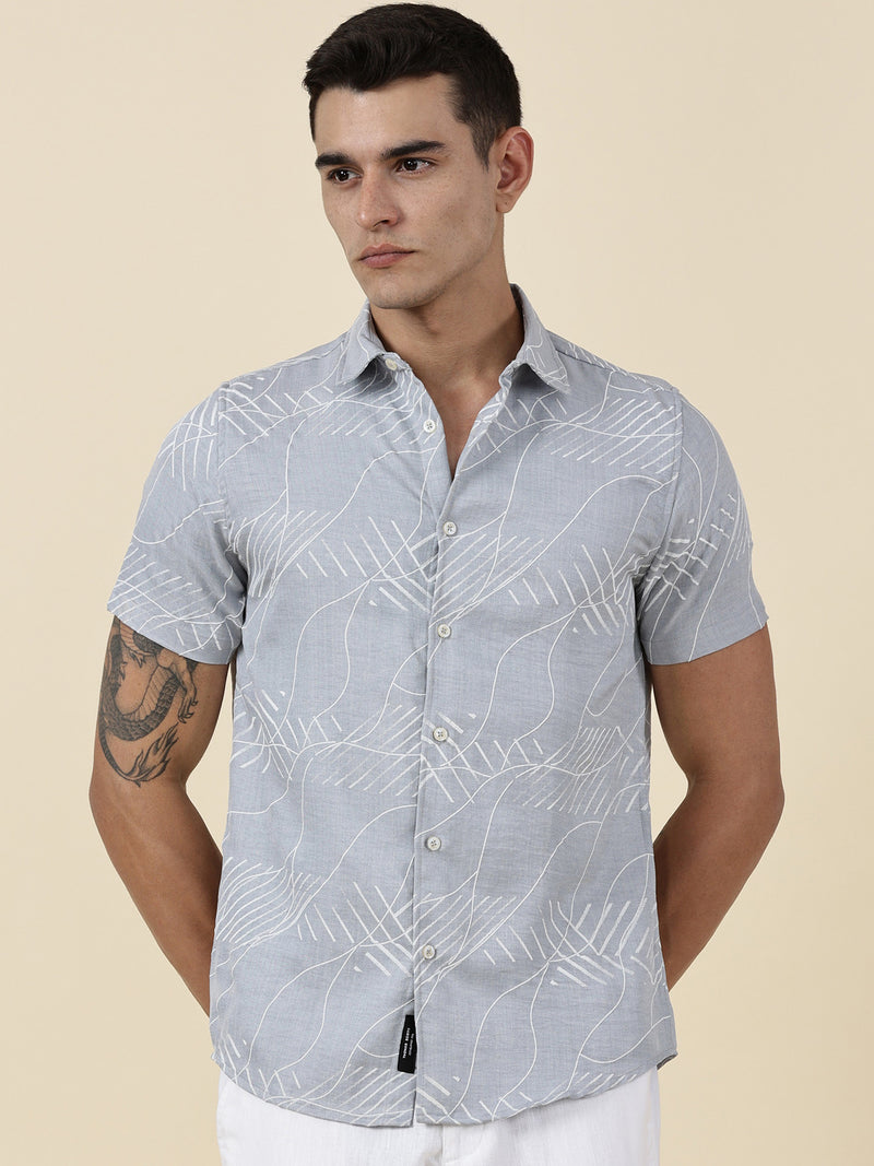 Thomas Scott Men Grey Slim Fit Short Sleeves Abstract Print Casual Shirt