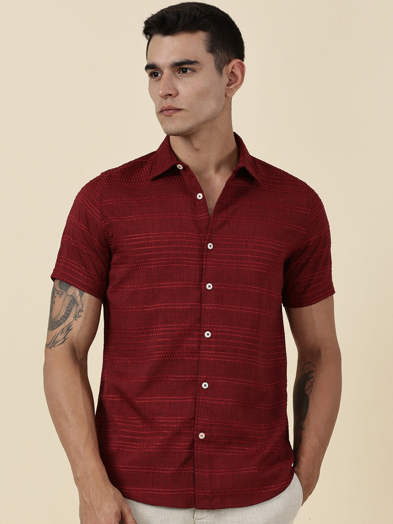 Thomas Scott Men Red Slim Fit Short Sleeves Horizontal Stripes Casual Shirt