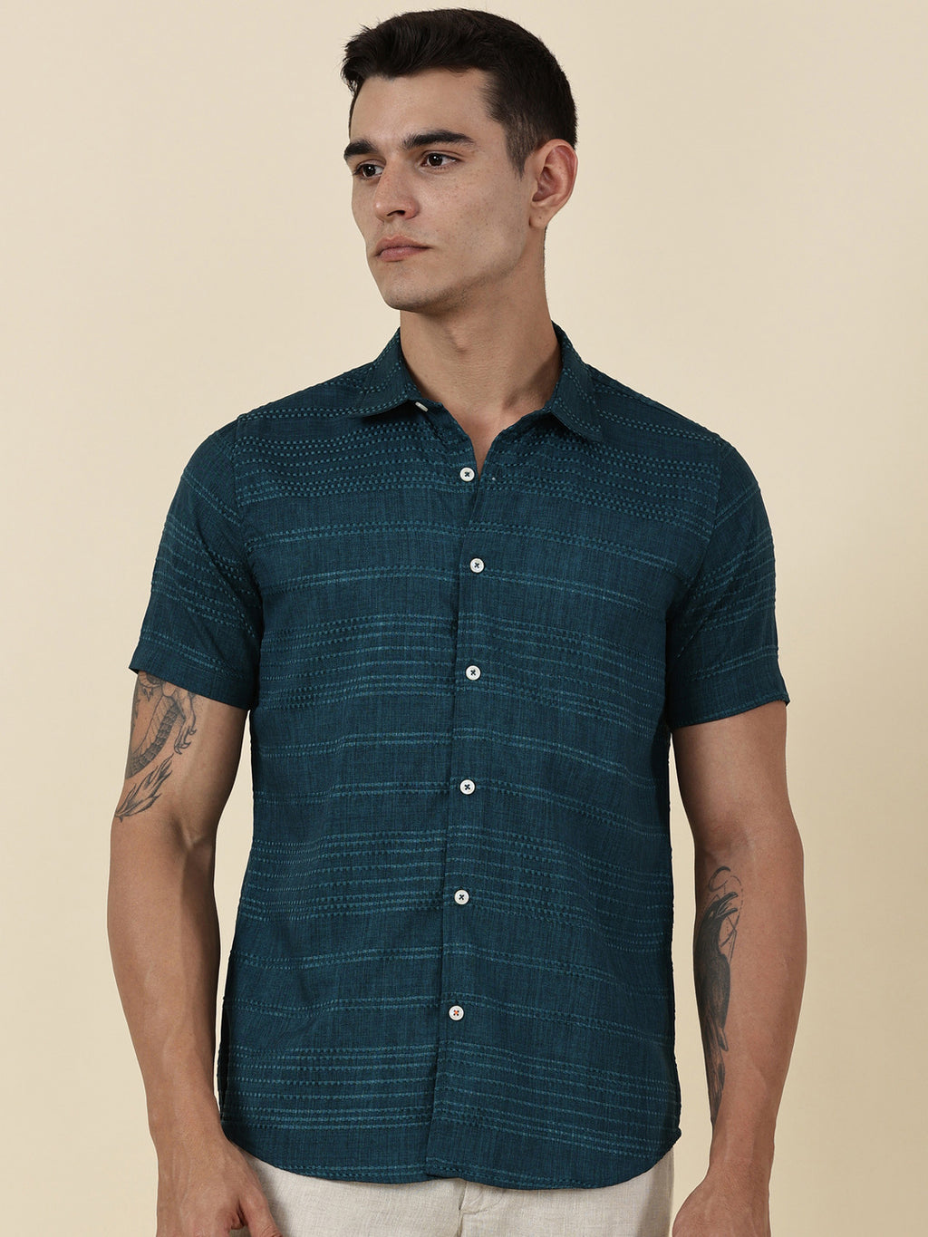 Thomas Scott Men Teal Slim Fit Short Sleeves Horizontal Stripes Casual Shirt