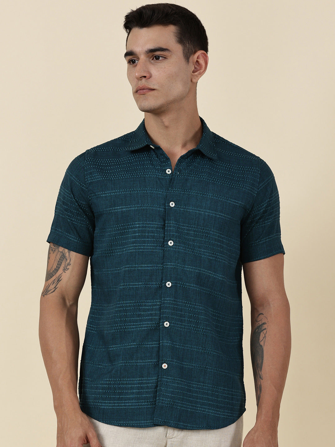 Thomas Scott Men Teal Slim Fit Short Sleeves Horizontal Stripes Casual Shirt