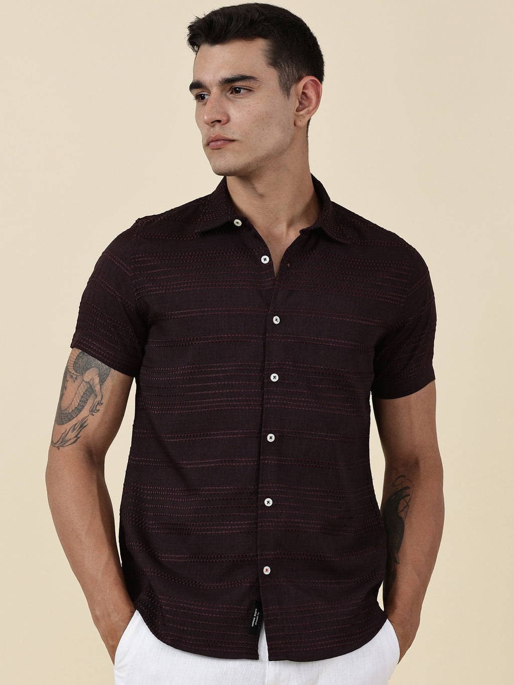 Thomas Scott Men Wine Slim Fit Short Sleeves Horizontal Stripes Casual Shirt