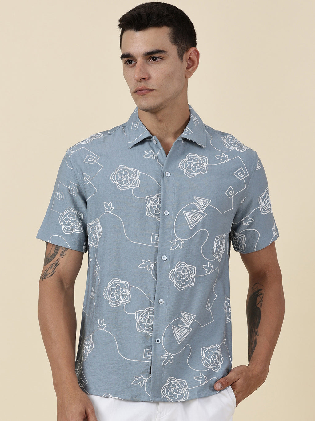 Thomas Scott Men Blue Regular Fit Short Sleeves Spread Collar Embroidered Shirt