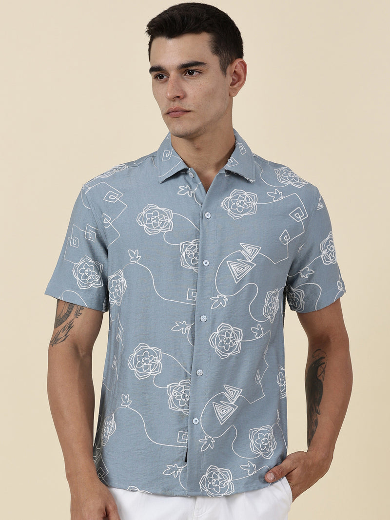 Thomas Scott Men Blue Regular Fit Short Sleeves Spread Collar Embroidered Shirt