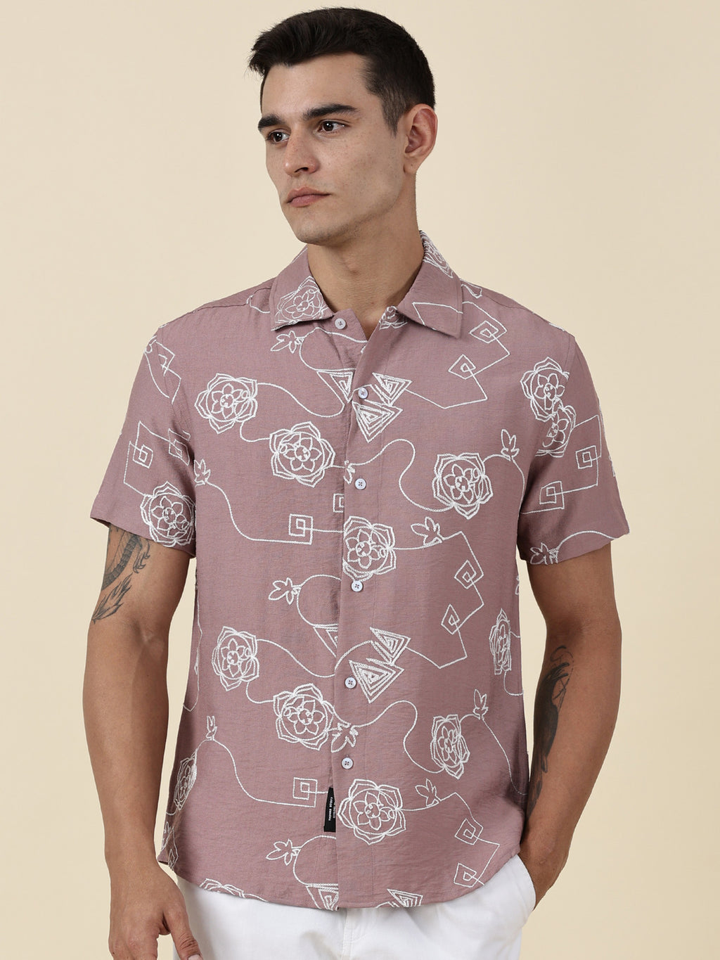 Thomas Scott Men Pink Regular Fit Short Sleeves Spread Collar Embroidered Shirt