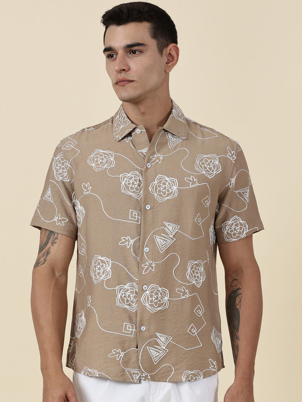 Thomas Scott Men Beige Regular Fit Short Sleeves Spread Collar Embroidered Shirt
