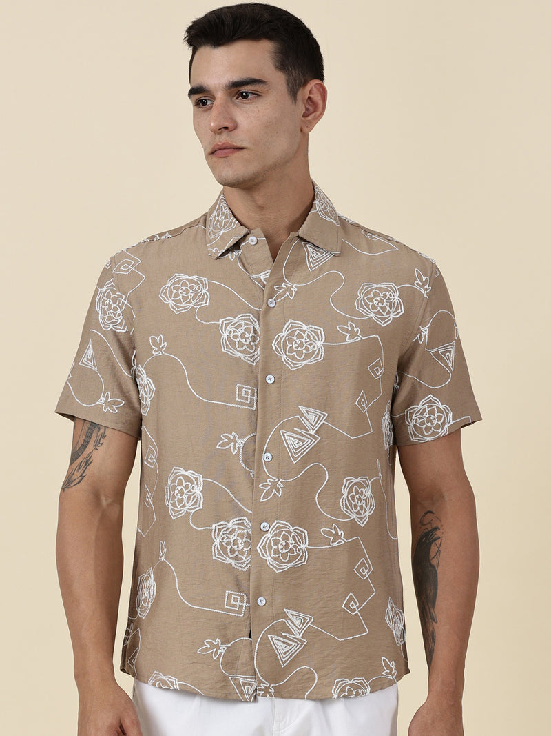 Thomas Scott Men Beige Regular Fit Short Sleeves Spread Collar Embroidered Shirt