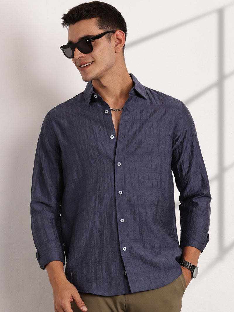 Thomas Scott Men Blue Slim Fit Long Sleeves Horizontal Stripes Casual Shirt