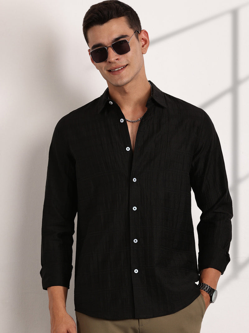 Thomas Scott Men Black Slim Fit Long Sleeves Horizontal Stripes Casual Shirt
