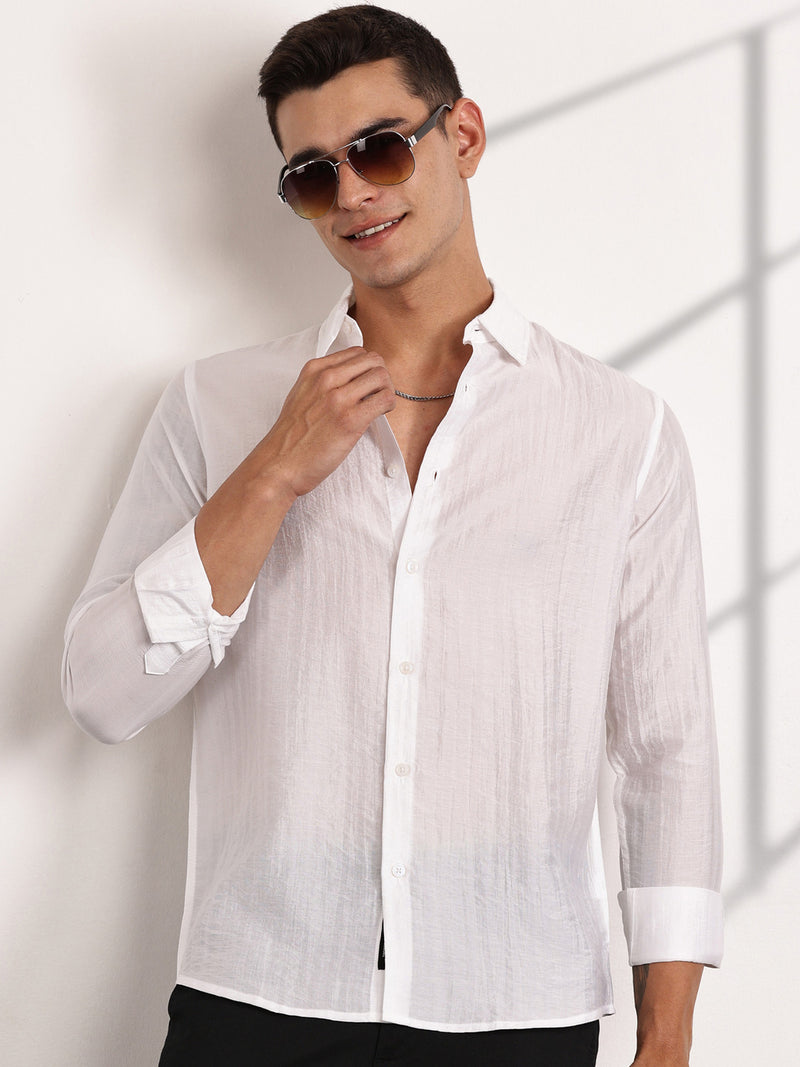 Thomas Scott Men White Slim Fit Long Sleeves Vertical Stripes Casual Shirt