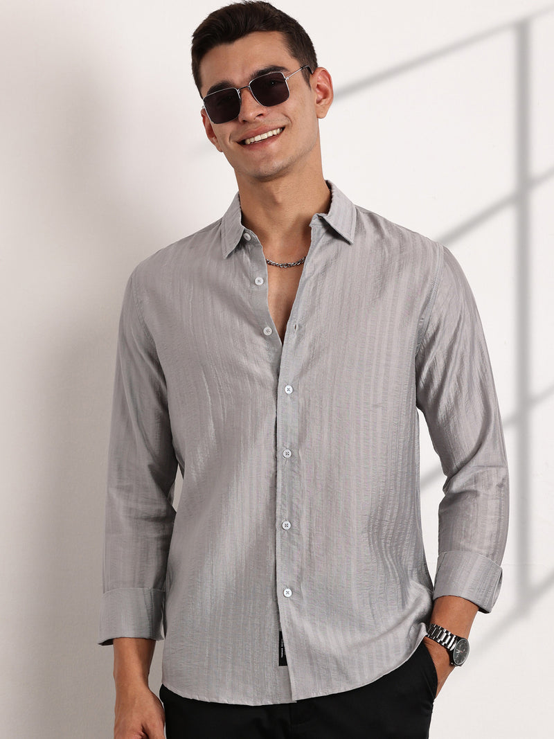 Thomas Scott Men Grey Slim Fit Long Sleeves Vertical Stripes Casual Shirt