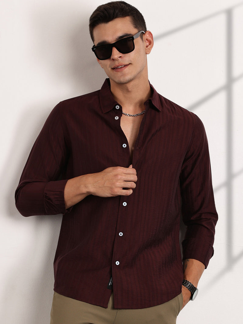 Thomas Scott Men Wine Slim Fit Long Sleeves Vertical Stripes Casual Shirt