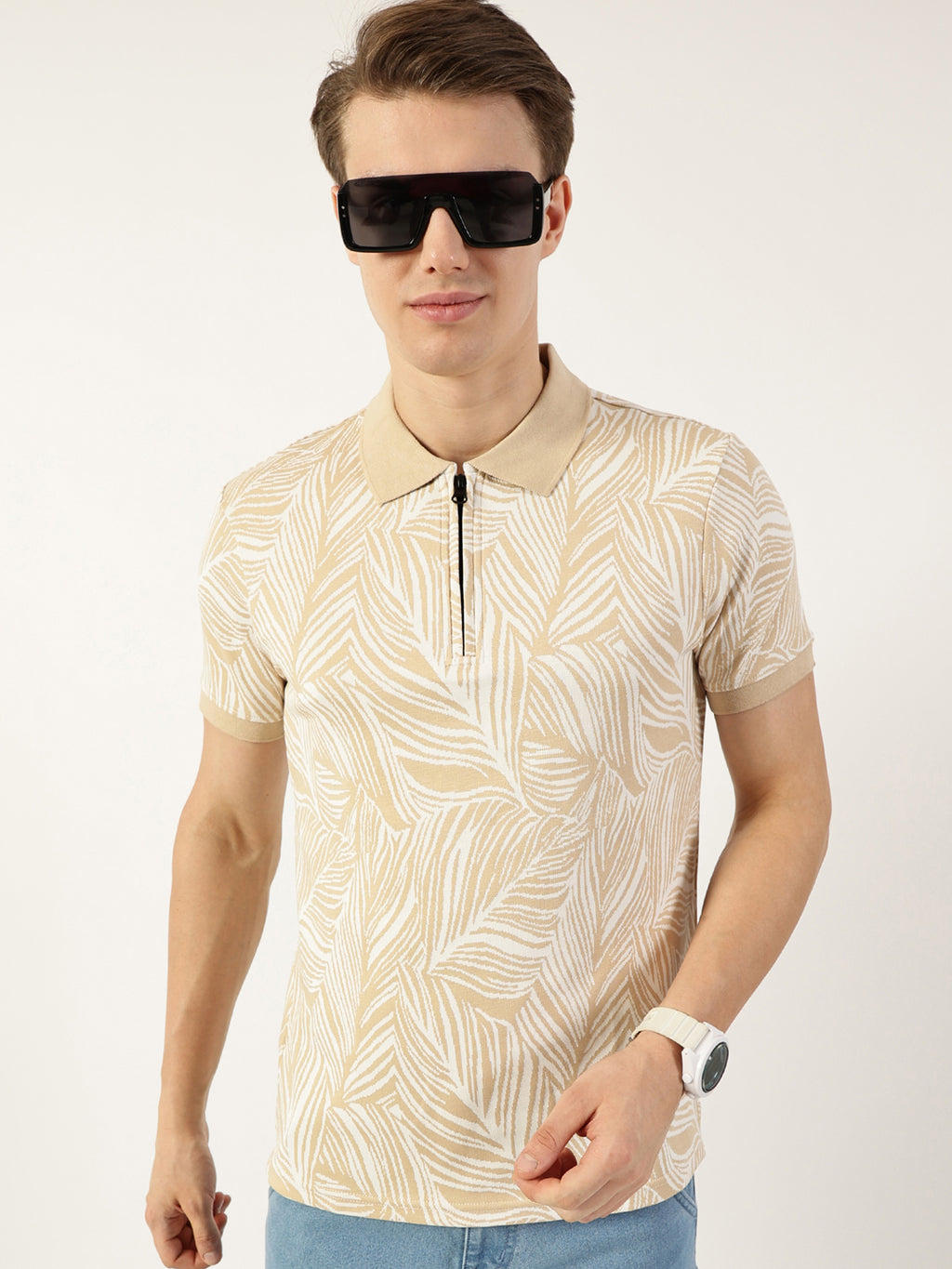 Thomas Scott Men Beige Floral Printed Polo Collar Pockets T-shirt