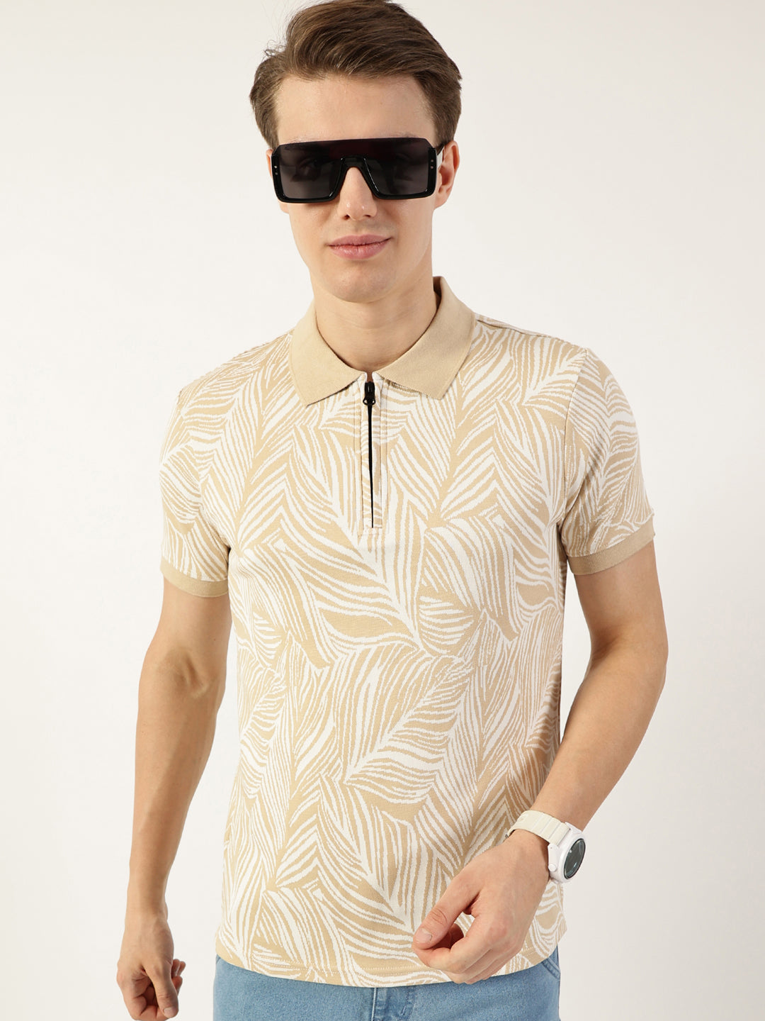 Thomas Scott Men Beige Floral Printed Polo Collar Pockets T-shirt