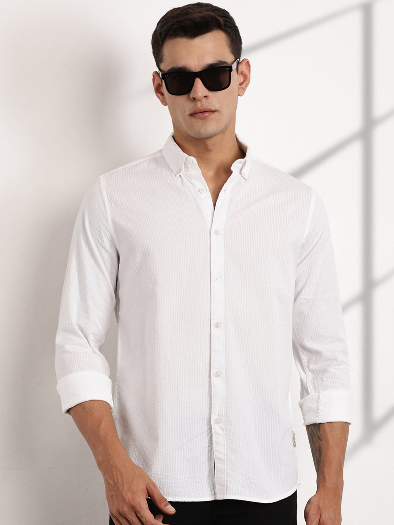 Thomas Scott Men White Reguar Fit Long Sleeves Pinstripes Cotton Casual Shirt