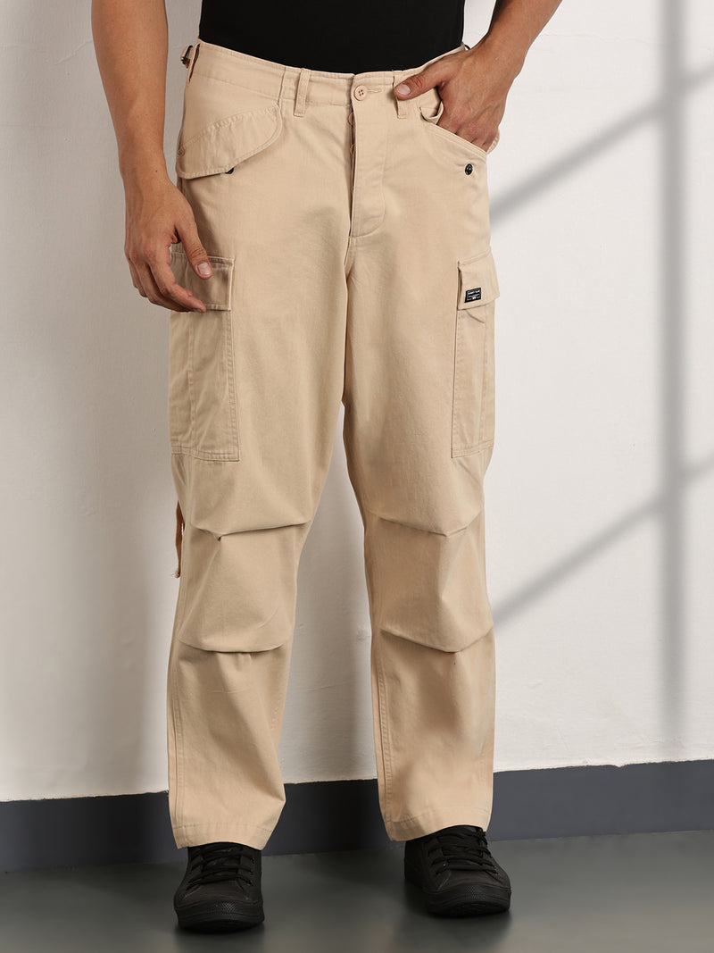Thomas Scott Men Fawn Mid-Rise Loose Fit Cotton Woven Cargo Trouser
