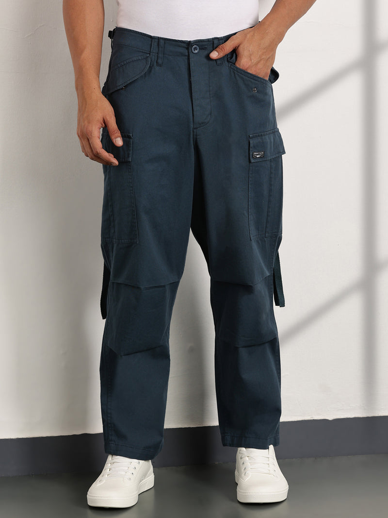 Thomas Scott Men Teal Mid-Rise Loose Fit Cotton Woven Cargo Trouser