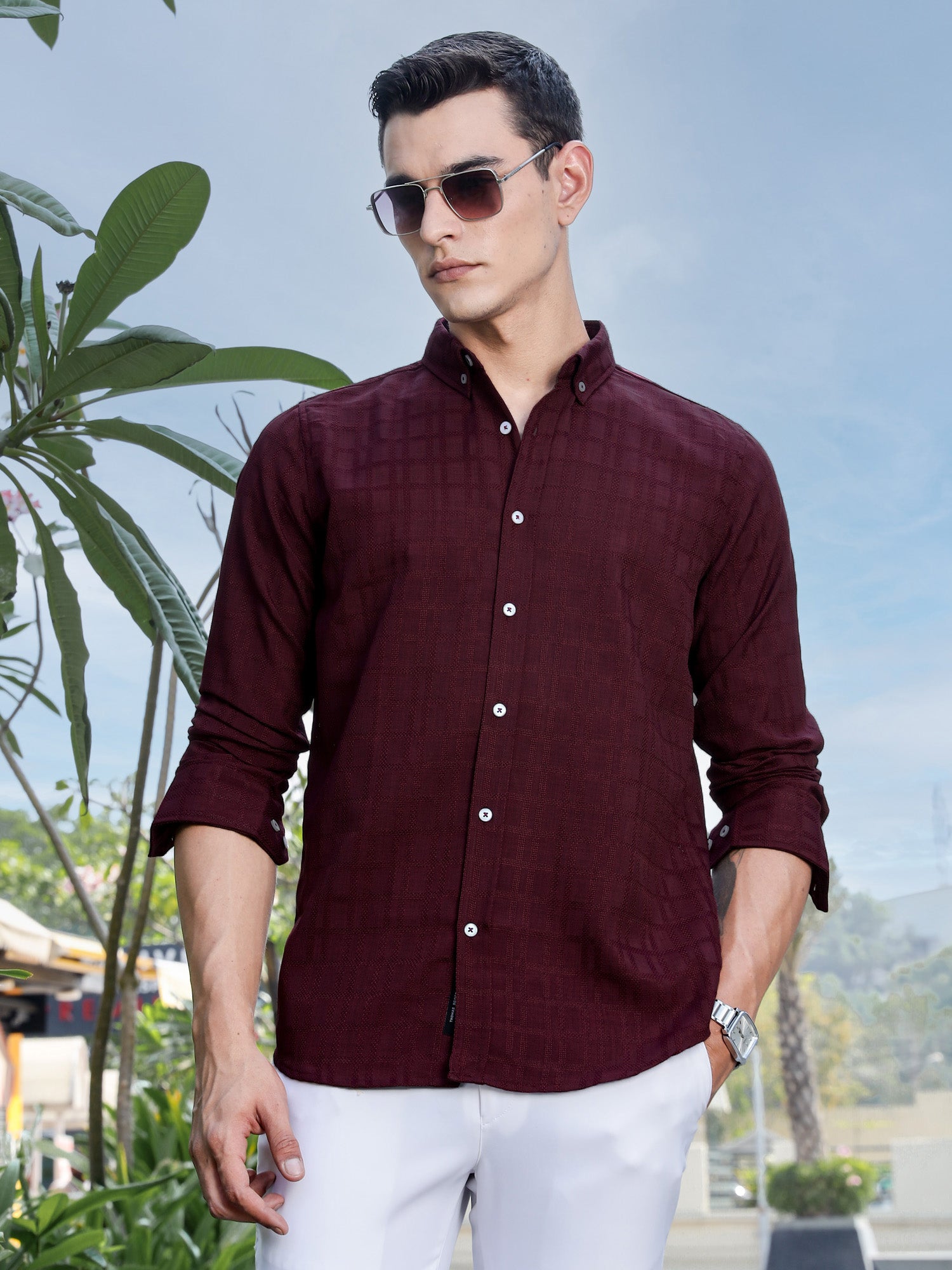 Thomas Scott Men Maroon Slim Fit Long Sleeves Button-Down Collar Woven Casual Shirt