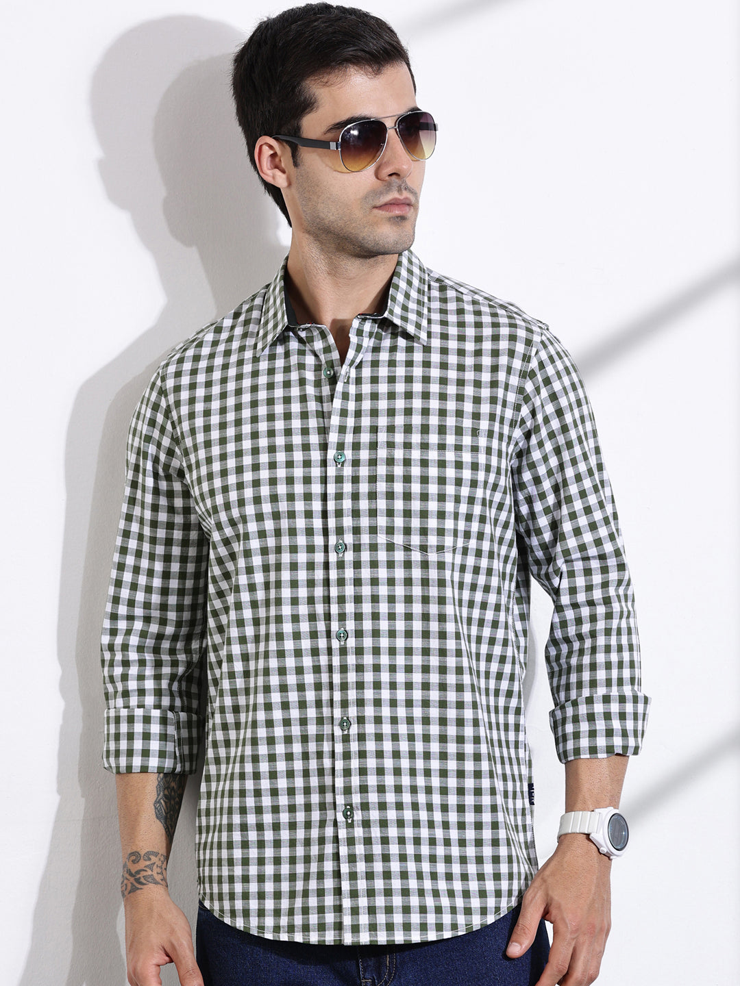 Thomas Scott Men Green Slim Fit Long Sleeve Gingham Checks Cotton Casual Shirt