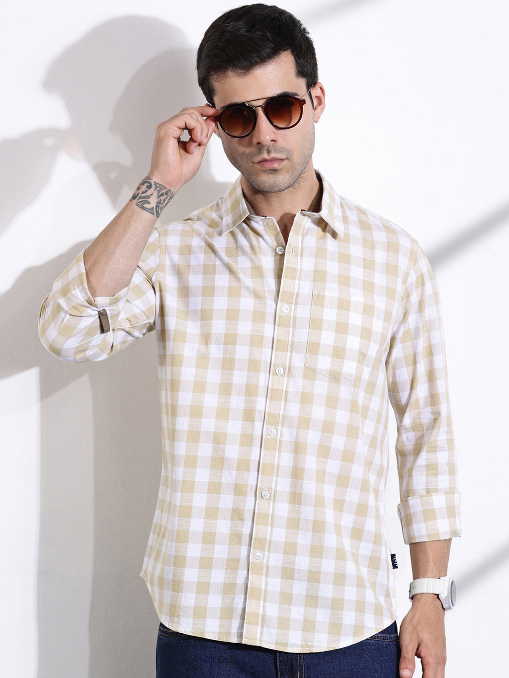 Thomas Scott Men Beige Slim Fit Long Sleeves Tartan Checks Casual Shirt