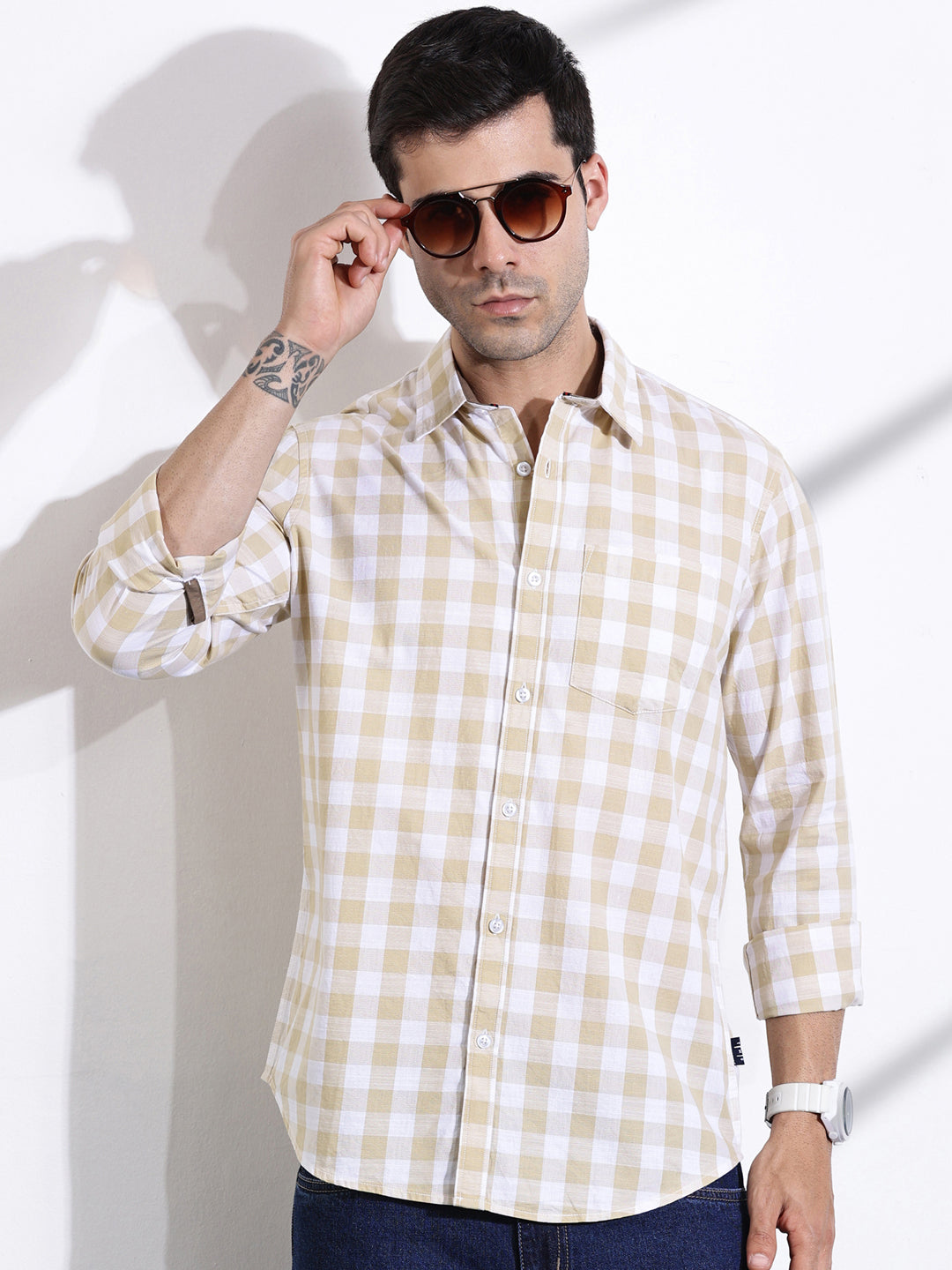 Thomas Scott Men Beige Slim Fit Long Sleeves Tartan Checks Casual Shirt