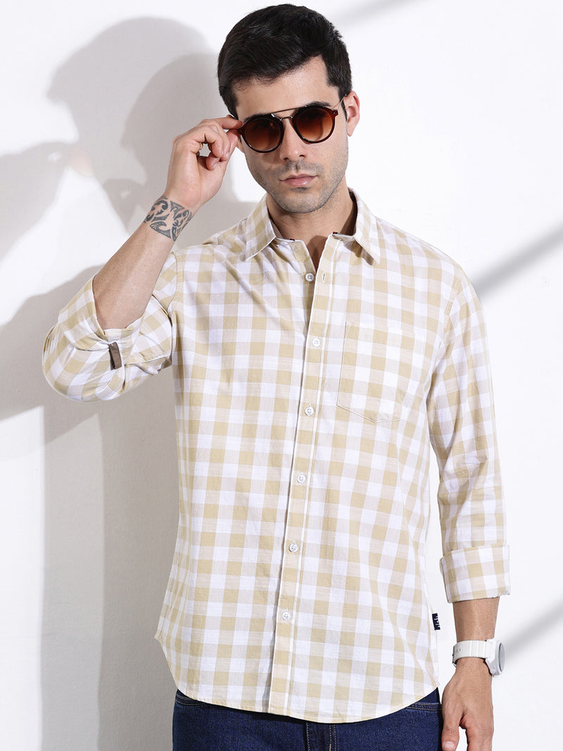 Thomas Scott Men Beige Slim Fit Long Sleeves Tartan Checks Casual Shirt